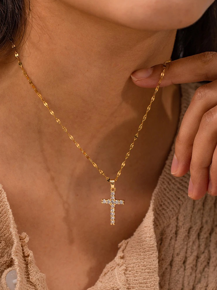 Zirconia Cross Necklace Gold