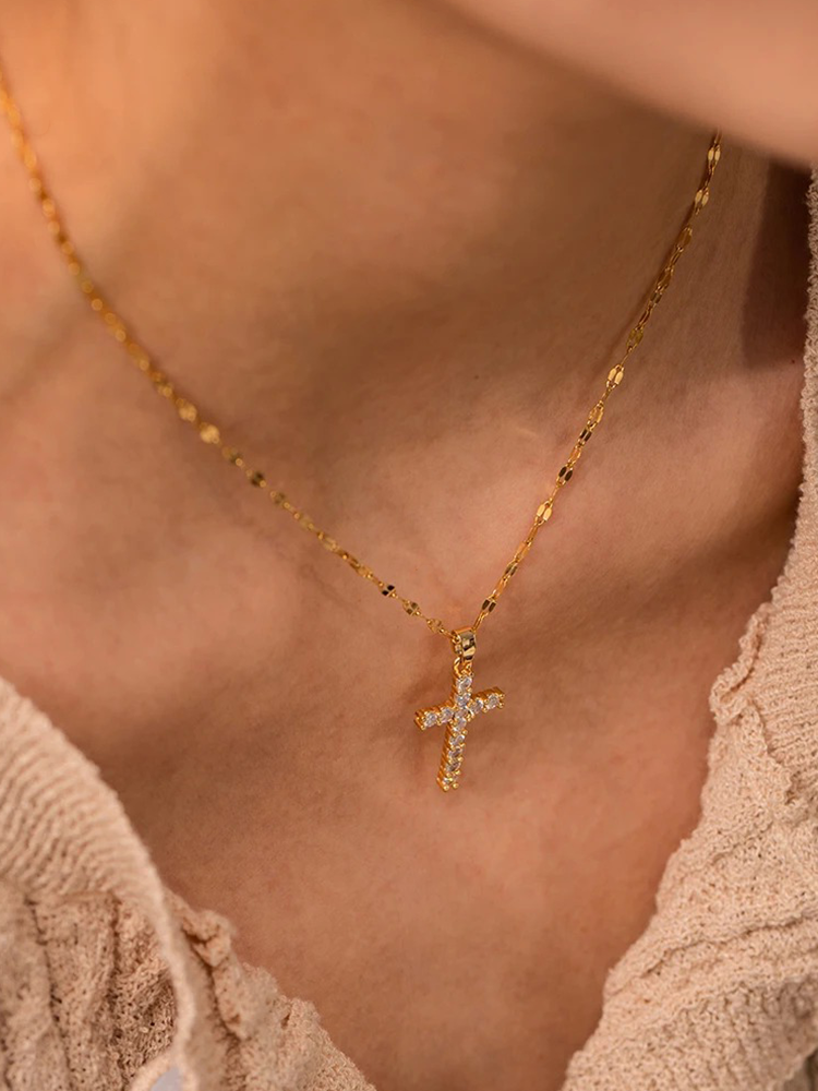 Zirconia Cross Necklace Gold